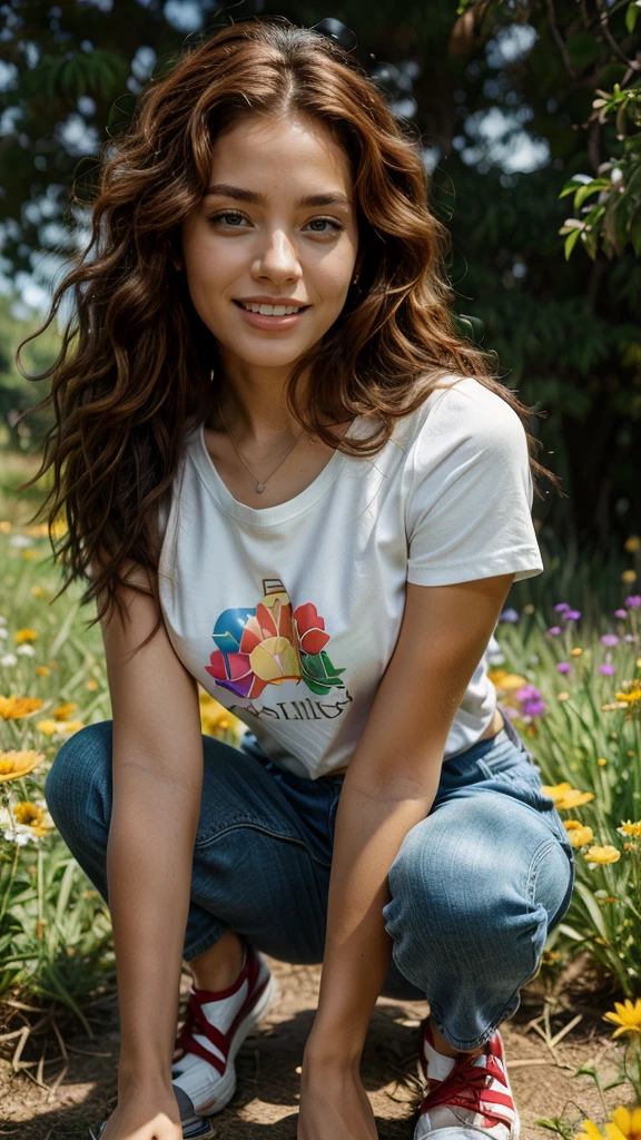 
**Ultra-realistic portrait of a young mixed-race African-American woman, medium skin with freckles near the nose, very realistic skin texture, fine, round facial features, black eyes with long black lashes, defined eyebrows, well-defined lips without make-up. athletic physique, medium-length wavy red hair styled in tight curls. Captured with an iPhone 15, the image is ultra-detailed with physical rendering, vibrant colors and sharp focus.
The avatar is in a wildflower field, crouching and picking flowers, already holding a bouquet in her hands and smiling with happiness - her teeth are showing - the weather is beautiful and the setting is enchanting, with birds. She's wearing a Dior tee shirt, dolce gabana, adidas, nike and wide-legged pants with espadrilles.