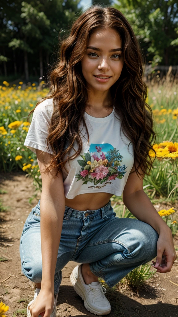 **Ultra-realistic portrait of a young mixed-race African-American woman, medium skin with freckles near the nose, very realistic skin texture, fine, round facial features, black eyes with long black lashes, defined eyebrows, well-defined lips without make-up. athletic physique, medium-length wavy red hair styled in tight curls. Captured with an iPhone 15, the image is ultra-detailed with physical rendering, vibrant colors and sharp focus.
The avatar is in a wildflower field, crouching and picking flowers, already holding a bouquet in her hands and smiling with happiness - her teeth are showing - the weather is beautiful and the setting is enchanting, with birds. She's wearing a Dior tee shirt, dolce gabana, adidas, nike and wide-legged pants with espadrilles.