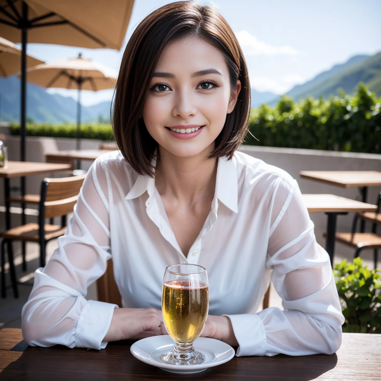 ((highest quality、8k、masterpiece:1.3))、1 male、1 female、Couple、spouse、Couple、The body is slim、((Bob Hale、Straight hair:1.2)), (Realistic, Intricate details:1.2), テーブルの上のwine glass、Shine light on your face、 Amazing view of the sunset sky and clouds、Amazing mountain views、A bright smile、The wonderfulness of smile、Bright image、The beauty of wine, Beautiful Face, blue eyes, The light shines on your face, Blushing, short hair,Bright Face、 (Age 37), 39 years old, red wine 、Appetizers、Italian food、Wine bottle、Champagne、sparkling wine、Two beauties、Brown Hair、Shortcuts、Long sleeve shirt、dress、Pretty Woman 1, (slimな顔), (The body is slim), (Brown Hair), (Shortcuts), cheeks turn a little red,Attractive beauty、restaurant, In a prominent place (From the waist up) Nova Frog Style, actress, model, Upper Body, White wine, slim, wine glass, 中央に置かれたwine glass, smile, (smile: 1.15), Beautiful fine grain, Depth f/2,saturation, High Contrast, Strong light and shadow,Moist Body:1.5、3D texture、Delicate eyes、Brown Hair、The hair is very shiny、