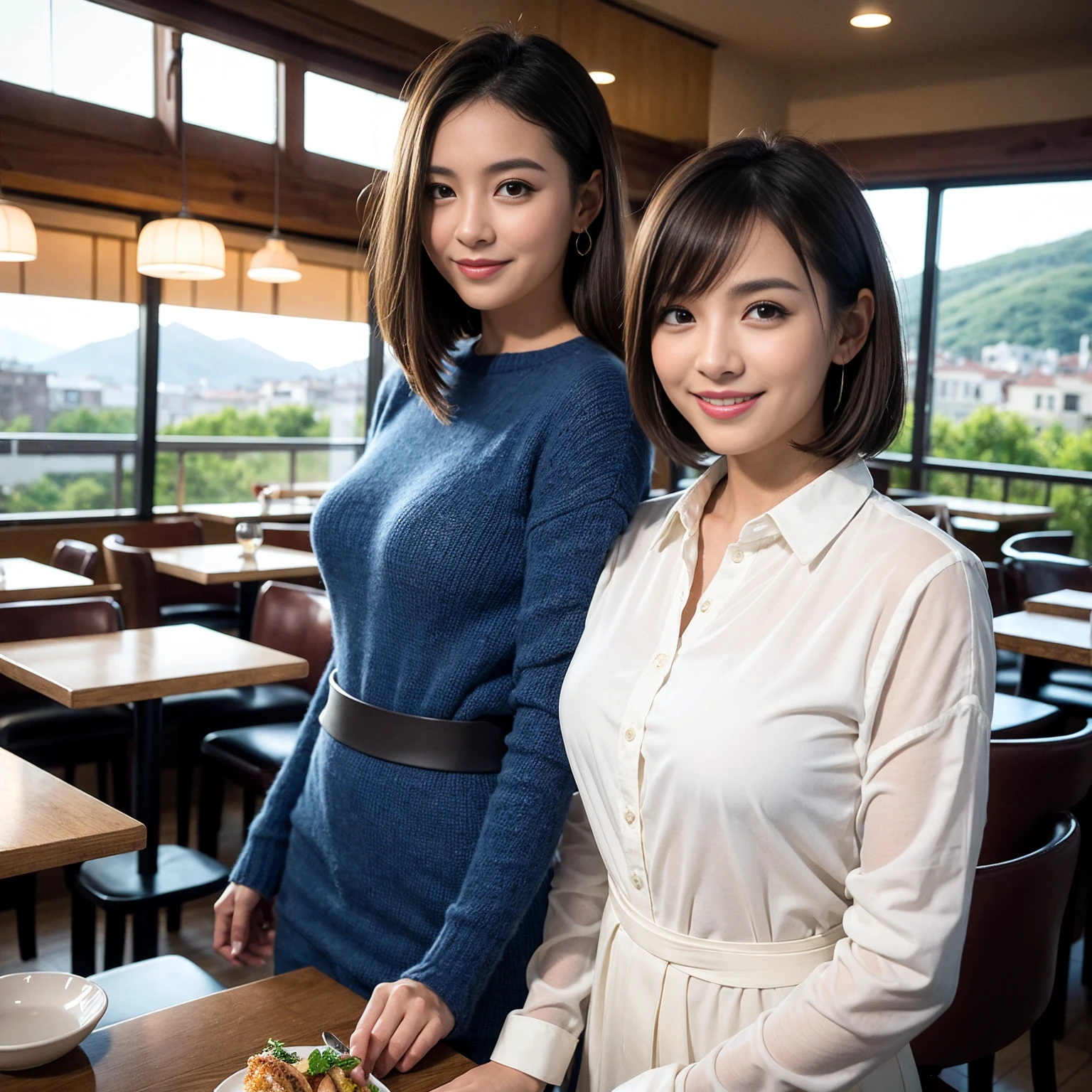 ((highest quality、8k、masterpiece:1.3))、1 male、1 female、Couple、spouse、Couple、The body is slim、((Bob Hale、Straight hair:1.2)), (Realistic, Intricate details:1.2), テーブルの上のwine glass、Shine light on your face、 Amazing view of the sunset sky and clouds、Amazing mountain views、A bright smile、The wonderfulness of smile、Bright image、The beauty of wine, Beautiful Face, blue eyes, The light shines on your face, Blushing, short hair,Bright Face、 (Age 37), 39 years old, red wine 、Appetizers、Italian food、Wine bottle、Champagne、sparkling wine、Two beauties、Brown Hair、Shortcuts、Long sleeve shirt、dress、Pretty Woman 1, (slimな顔), (The body is slim), (Brown Hair), (Shortcuts), cheeks turn a little red,Attractive beauty、restaurant, In a prominent place (From the waist up) Nova Frog Style, actress, model, Upper Body, White wine, slim, wine glass, 中央に置かれたwine glass, smile, (smile: 1.15), Beautiful fine grain, Depth f/2,saturation, High Contrast, Strong light and shadow,Moist Body:1.5、3D texture、Delicate eyes、Brown Hair、The hair is very shiny、
