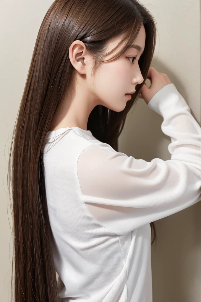 highest quality、High resolution、quiet、Silence、woman、one person、long hair、Straight Hair、Brown Hair、Shiny hair、Long sleeve、White wall、Backwards、Back view、No camera look、₍ Buckshot 1.5₎