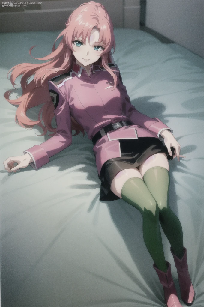 masterpiece, best quality, anime official art, 1girl, lacus clyne, pink hair, long hair, pale cerulean eyes, military uniform, long sleeves, belt, black skirt, green thighhighs, full body, evil smile