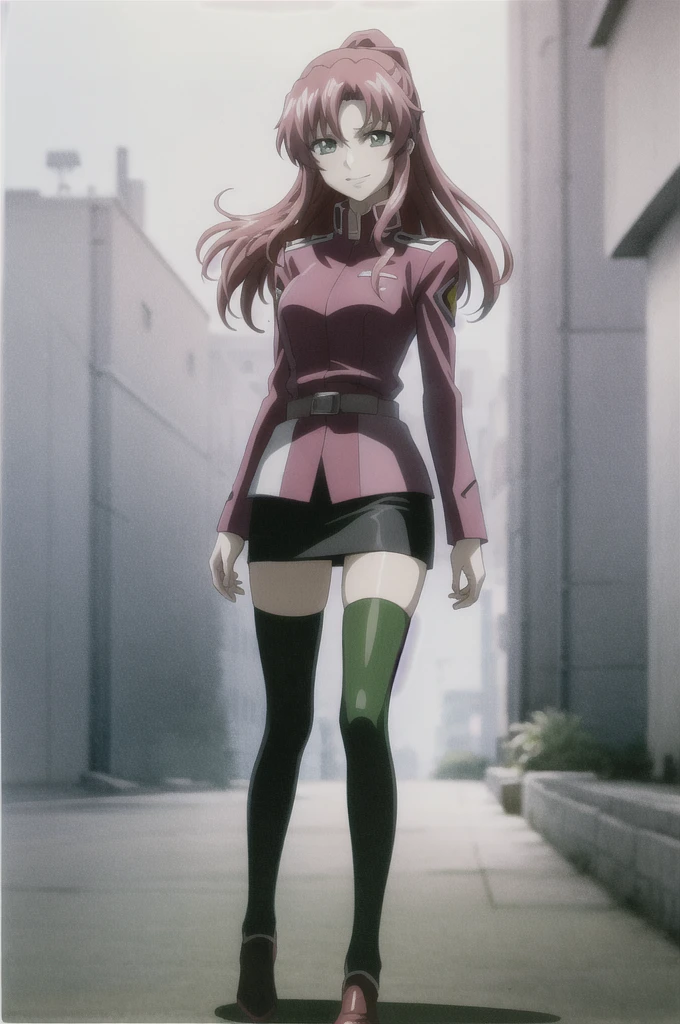 masterpiece, best quality, anime official art, 1girl, lacus clyne, pink hair, long hair, pale cerulean eyes, military uniform, long sleeves, belt, black skirt, green thighhighs, full body, evil smile