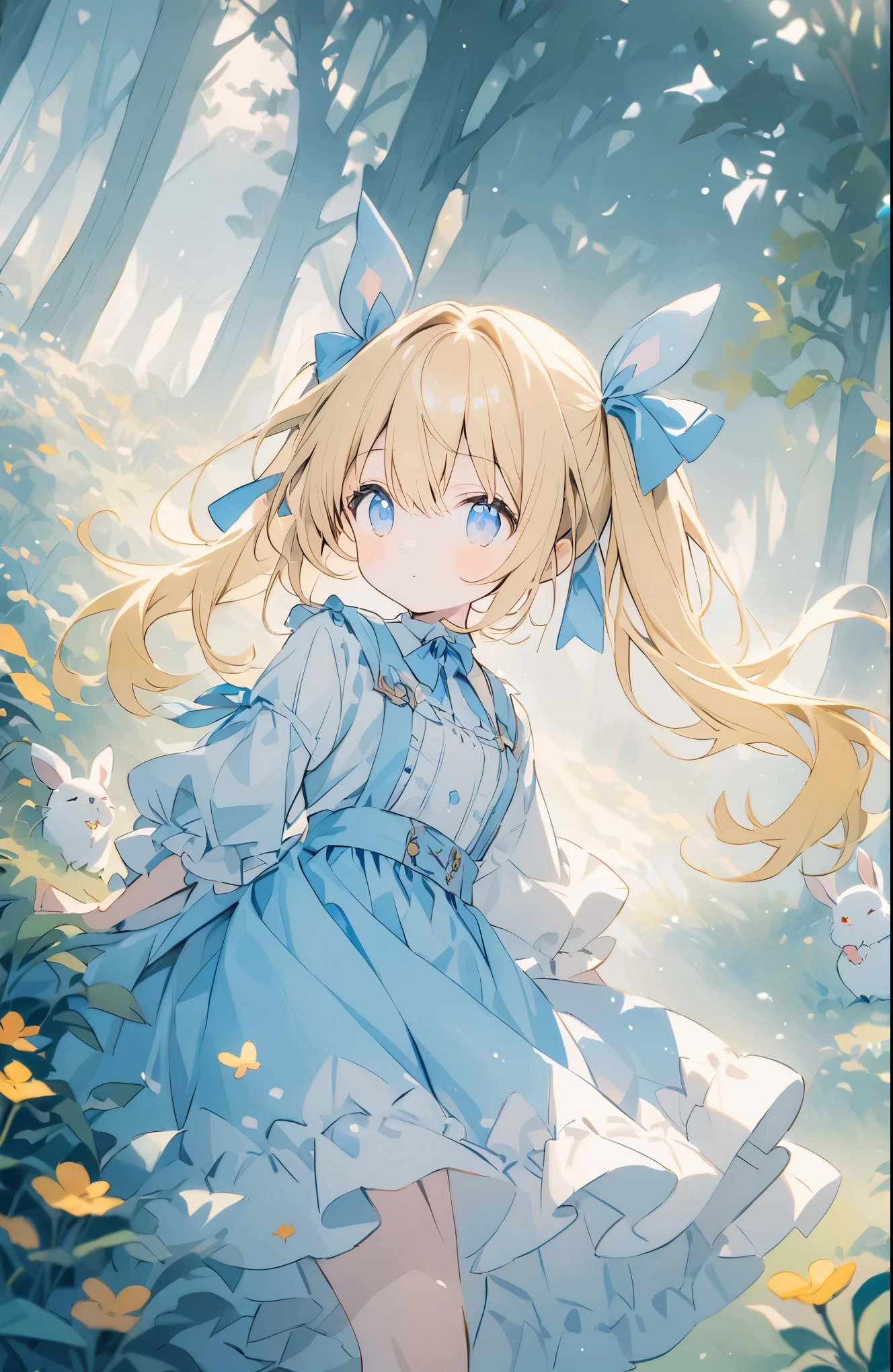 ((pale colour)),35mm, debt/1.2, 超High resolution, Attention to detail, highest quality, High resolution, masterpiece、Rabbit and girl、Fairy tale world、cute、Girl surrounded by rabbits、in the forest、Pale colors、Light production、Twin tails、Blue Hair、blue attire、((Blonde、Blue Eyes))