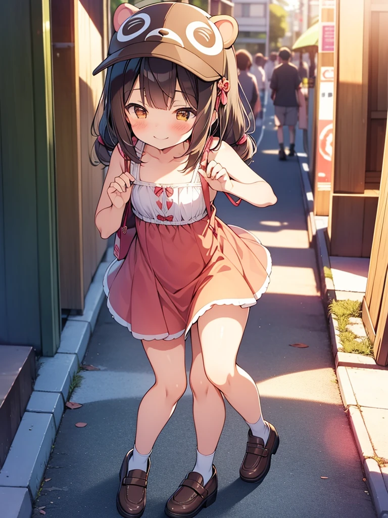 tanuki girl, loli tanuki, kawaii, on a streets of tokyo, sunset, sunbeams, magical lighting, akihabara, in cute short dress, undies visible, panties visible, smiling, blushing, shy pose, kawaii outfit, beautiful hair, looking away NSFW 