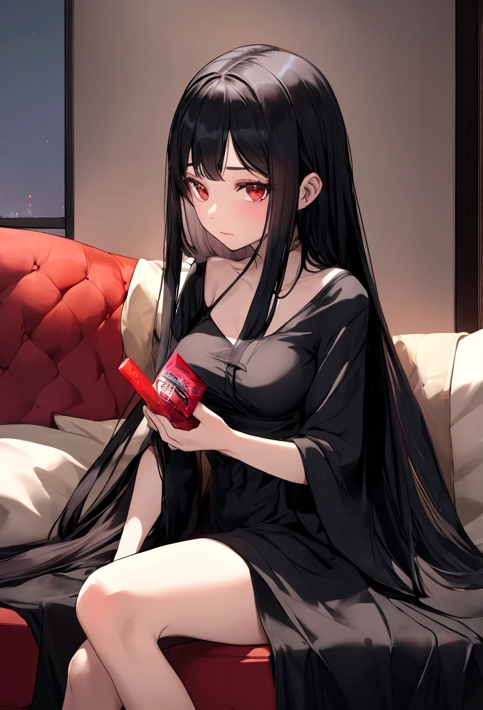 a woman, long black hair, was in the room, sitting on the sofa carrying a box of condoms, at night, wearing dress
