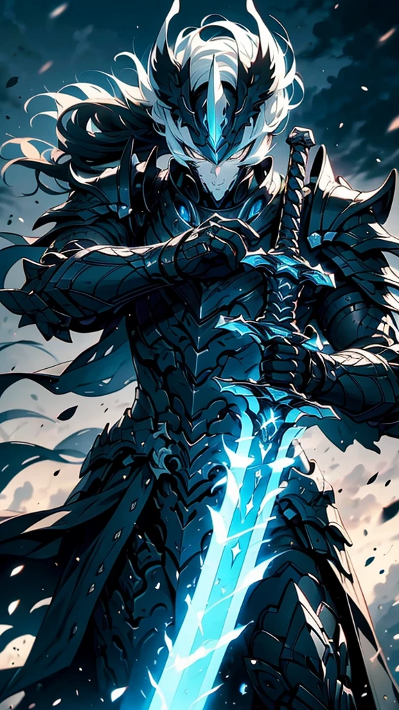 A fierce warrior in full white armor, wearing a large black circle symbol on his chest, wielding a big sword, dynamic battle-ready pose, highly detailed armor textures, sharp sword, dramatic stormy sky background, vivid colors, masterpiece, 8k, photorealistic, chiaroscuro lighting, strong contrast, cinematic composition