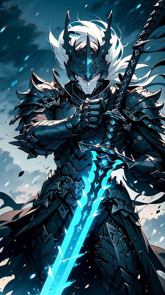 A fierce warrior in full white armor, wearing a large black circle symbol on his chest, wielding a big sword, dynamic battle-ready pose, highly detailed armor textures, sharp sword, dramatic stormy sky background, vivid colors, masterpiece, 8k, photorealistic, chiaroscuro lighting, strong contrast, cinematic composition