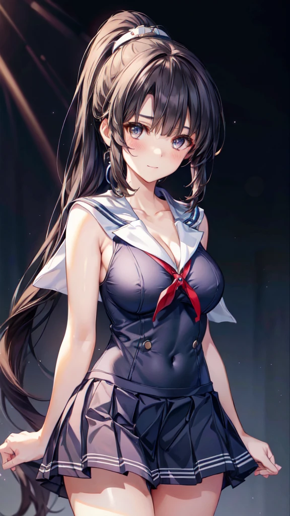 ((masterpiece, sidelighting, finely detailed beautiful eyes: 1.2)), ultra-detailed, ultra high res, professional lighting, high quality makeup, beautiful detailed eyes, sexy, beautiful, big eyes, drooping eye, (1 girl:1.3), (high school student:1.2), (middle breasts), (slender body:1.1), (navy blue sailor suit, skirt:1.6), (blush cheek, blush body:1.1), moist eyes, (black hair), (absurdly long hair, ponytail:1.1), Extremely cute, (extremely detailed beautiful face), Authentic skin texture, beautiful hair, beautiful face, beautiful eyes, beautiful body, beautiful hands, (smile), standing, (face focus:1.6), (cleavage breasts:1.4), erect nipples