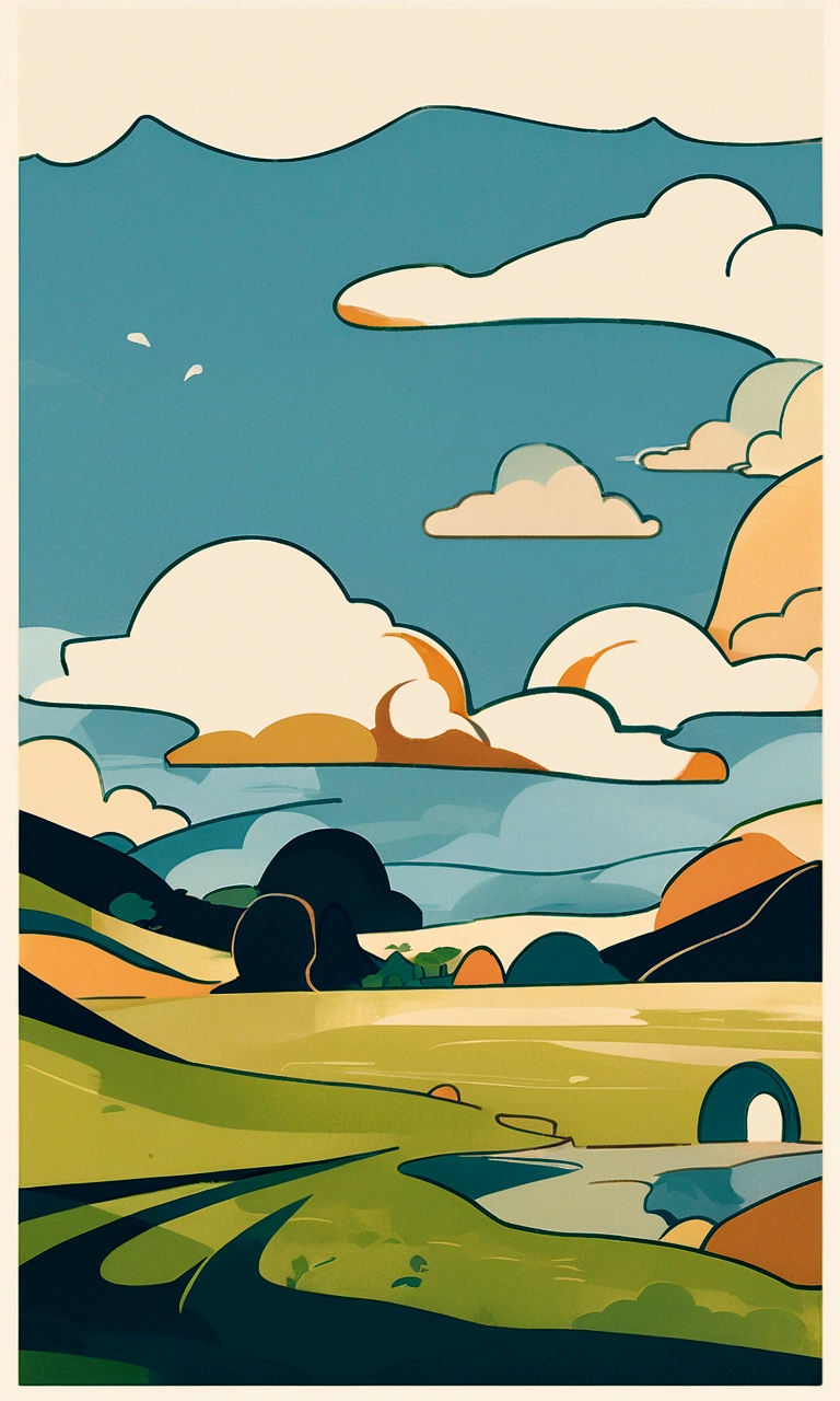 travel poster design, grassland, Blue sky, White Cloud, Image minimalist style, warm color, pragmatism, organic shapes and lines, illustration, danish design,