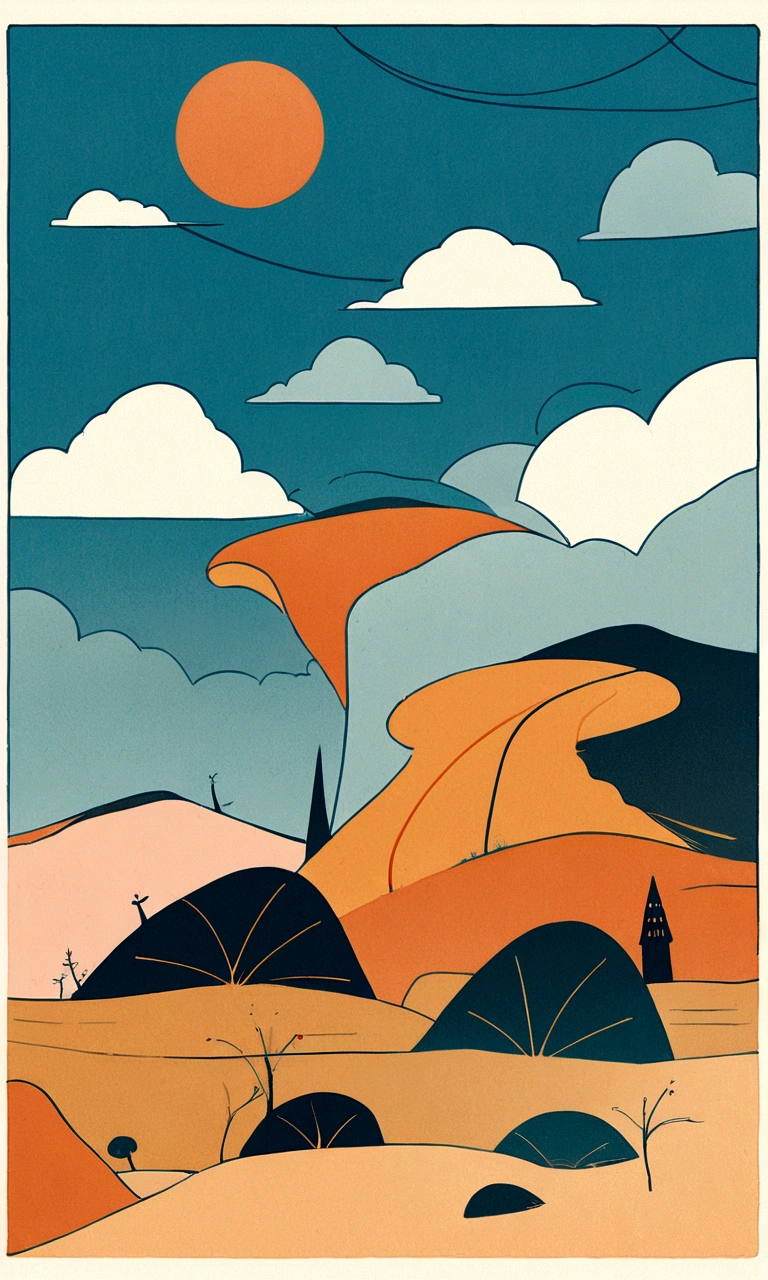 travel poster design, grassland, Blue sky, White Cloud, Image minimalist style, warm color, pragmatism, organic shapes and lines, illustration, danish design,