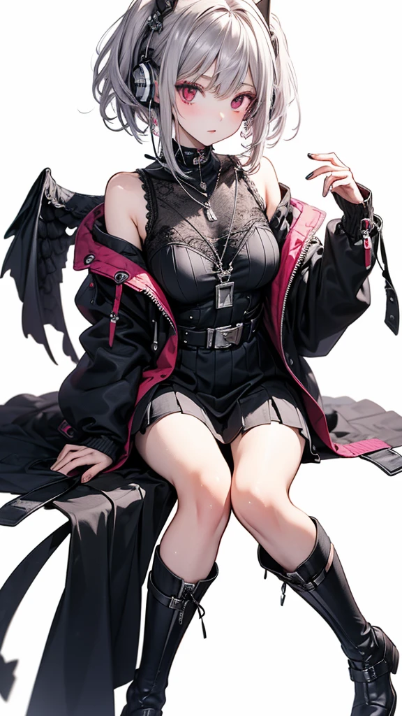 4k anime wallpaper, 4k anime wallpaper, Anime Art Wallpapers 8K, 4K Anime Style, anime art wallpaper 4k, anime art wallpaper 4k, 4k anime wallpaper, Eugeo Art, Detailed digital anime art, ((masterpiece, highest quality)), (Complex Light), Perfect hands, Perfect Eyes、Perfect legs、Hyper Detail, Bright colors, beautiful girl、cyber punk、Silver short hair, Pause, headphone, Red eyes, Tempting, Half coat on, Off the shoulder、Knee-high、boots, colorful, neon、Wet、Japanese anime style.