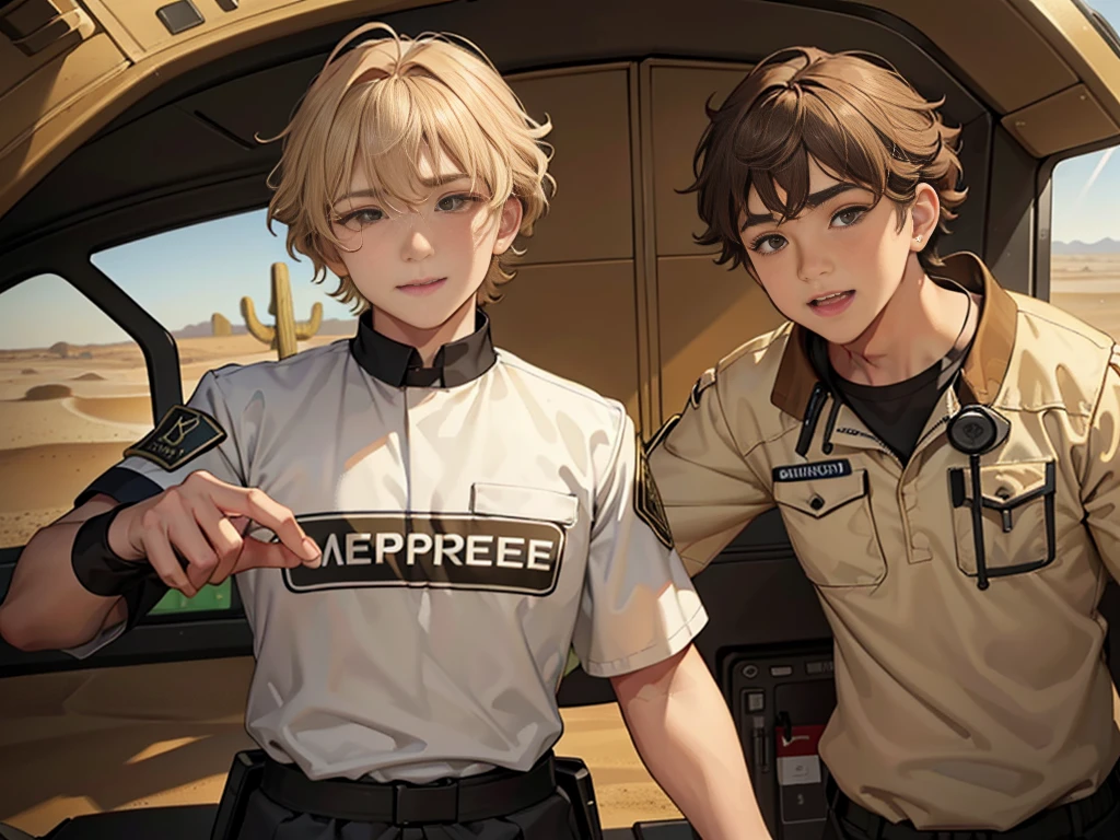 (masuter piece, best quality, very detailed), (fine face), 1 boy, 13 year old boy、standing、from the waist up、golden hair、curly hair、bangs、lots of bangs、brown Eyes、Slight smile、Plump、t-shirt 、Game graphics、Ilya Repin , (in desert:1.5) , (ambulance:1.5)