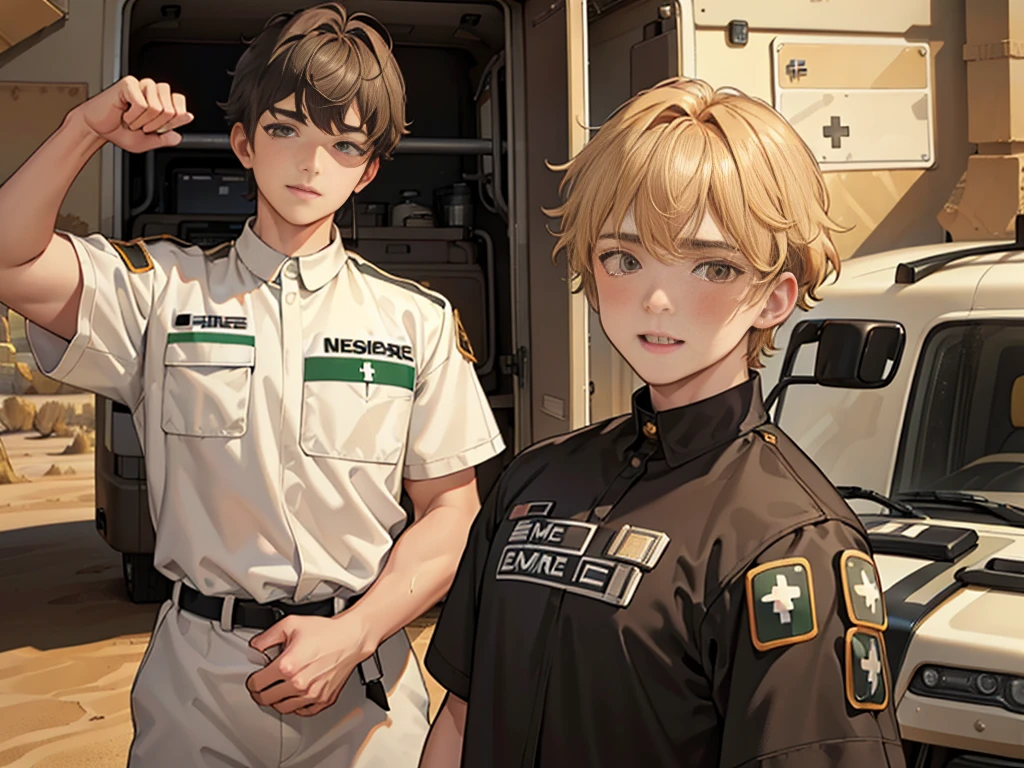 (masuter piece, best quality, very detailed), (fine face), 1 boy, 13 year old boy、standing、from the waist up、golden hair、curly hair、bangs、lots of bangs、brown Eyes、Slight smile、Plump、t-shirt 、Game graphics、Ilya Repin , (in desert:1.5) , (ambulance:1.5)