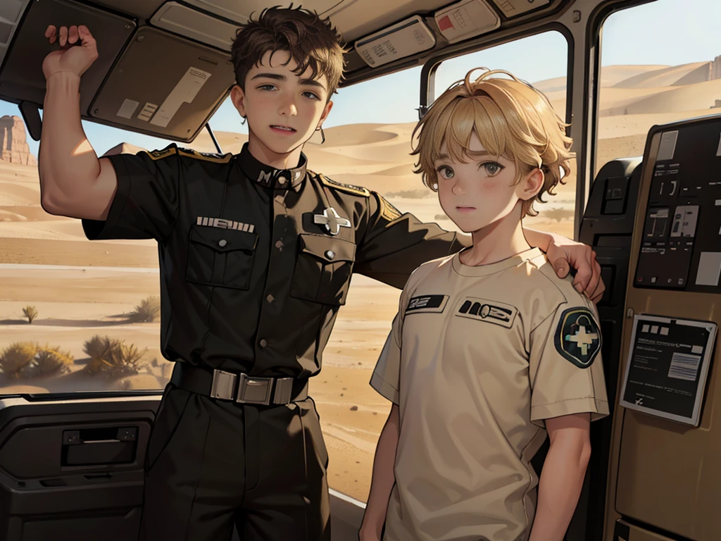 (masuter piece, best quality, very detailed), (fine face), 1 boy, 13 year old boy、standing、from the waist up、golden hair、curly hair、bangs、lots of bangs、brown Eyes、Slight smile、Plump、t-shirt 、Game graphics、Ilya Repin , (in desert:1.5) , (ambulance:1.5)