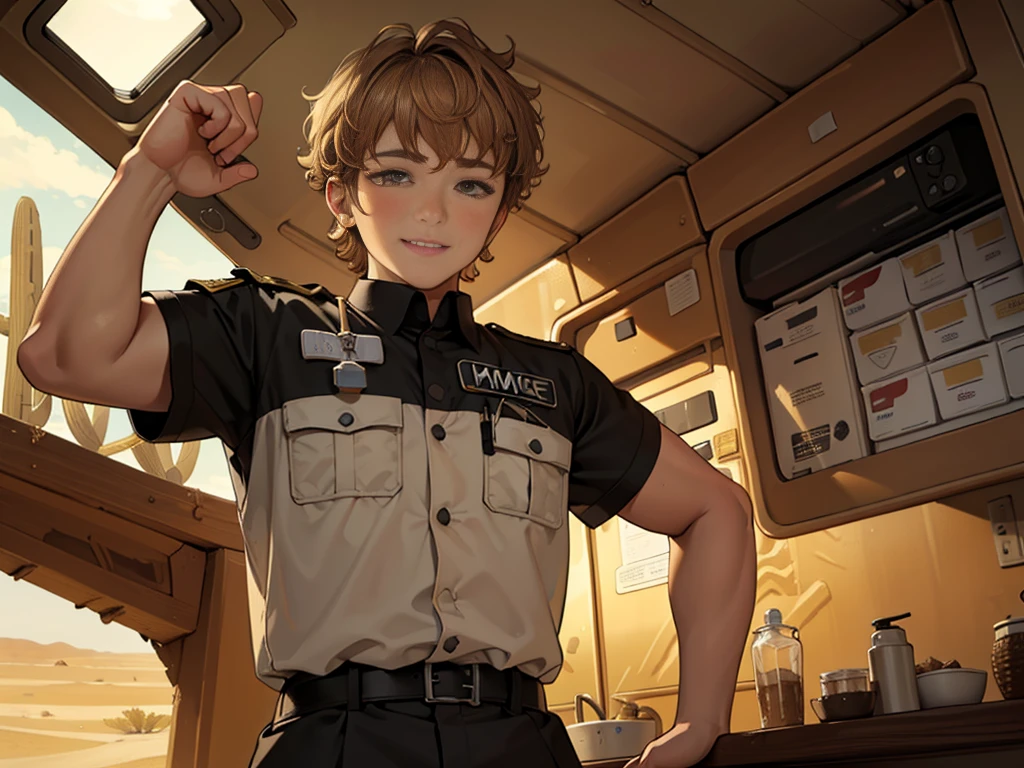 (masuter piece, best quality, very detailed), (fine face), 1 boy,  boy、standing、from the waist up、golden hair、curly hair、bangs、lots of bangs、brown Eyes、Slight smile、Plump、t-shirt 、Game graphics、Ilya Repin , (in desert:1.5) , (ambulance:1.5)