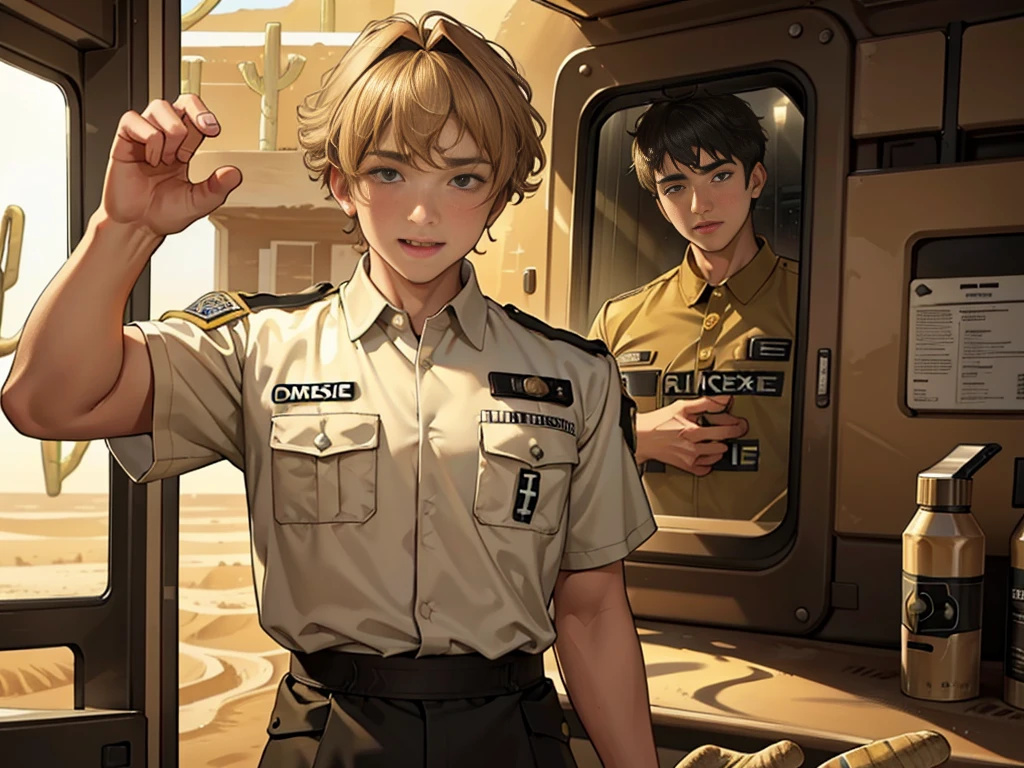 (masuter piece, best quality, very detailed), (fine face), 1 boy, 13 year old boy、standing、from the waist up、golden hair、curly hair、bangs、lots of bangs、brown Eyes、Slight smile、Plump、t-shirt 、Game graphics、Ilya Repin , (in desert:1.5) , (ambulance:1.5)