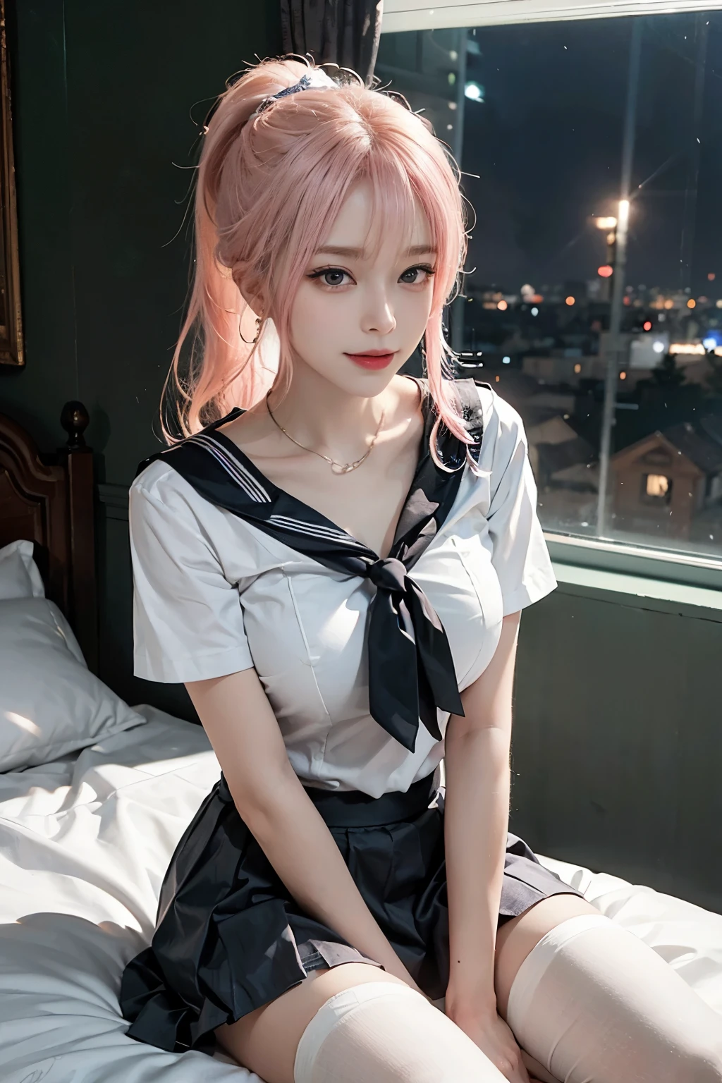 (1 Sexy Woman, Solo, Pink Hair, Ponytail, Bung, Sailor Uniform,  Student, Sitting, arms up, cowgirl position, Smile:1.4), top-quality, ultra-detailliert,​ masterpiece, realisitic, (Detailed Eyes, Beautiful Eyes, glossy lip, cleavage:1.2), (Short sleeve uniform white shirt, Mini Pleated Skirt, White stockings:1.3), (Extremely-Close-up:1.3), (In The Bed Room At Night), ((anatomically correct)), (Futuristic Portrait), The beginning of a romantic love, 1 girl only, Shining ultra high resolution beautiful skin, Rim Lighting, Cinematic Light, Look at viewer, no futuro telhado de luz neon, SSCI - FI e Fantasia, intrincado e muito bonito e elegante, altamente detalhado, pintura digital, art-station, arte conceitual, smooth and sharp focus, illustration, Arte de Tan Zi e Ayanamikodon e Alphonse Mucha e Wlop