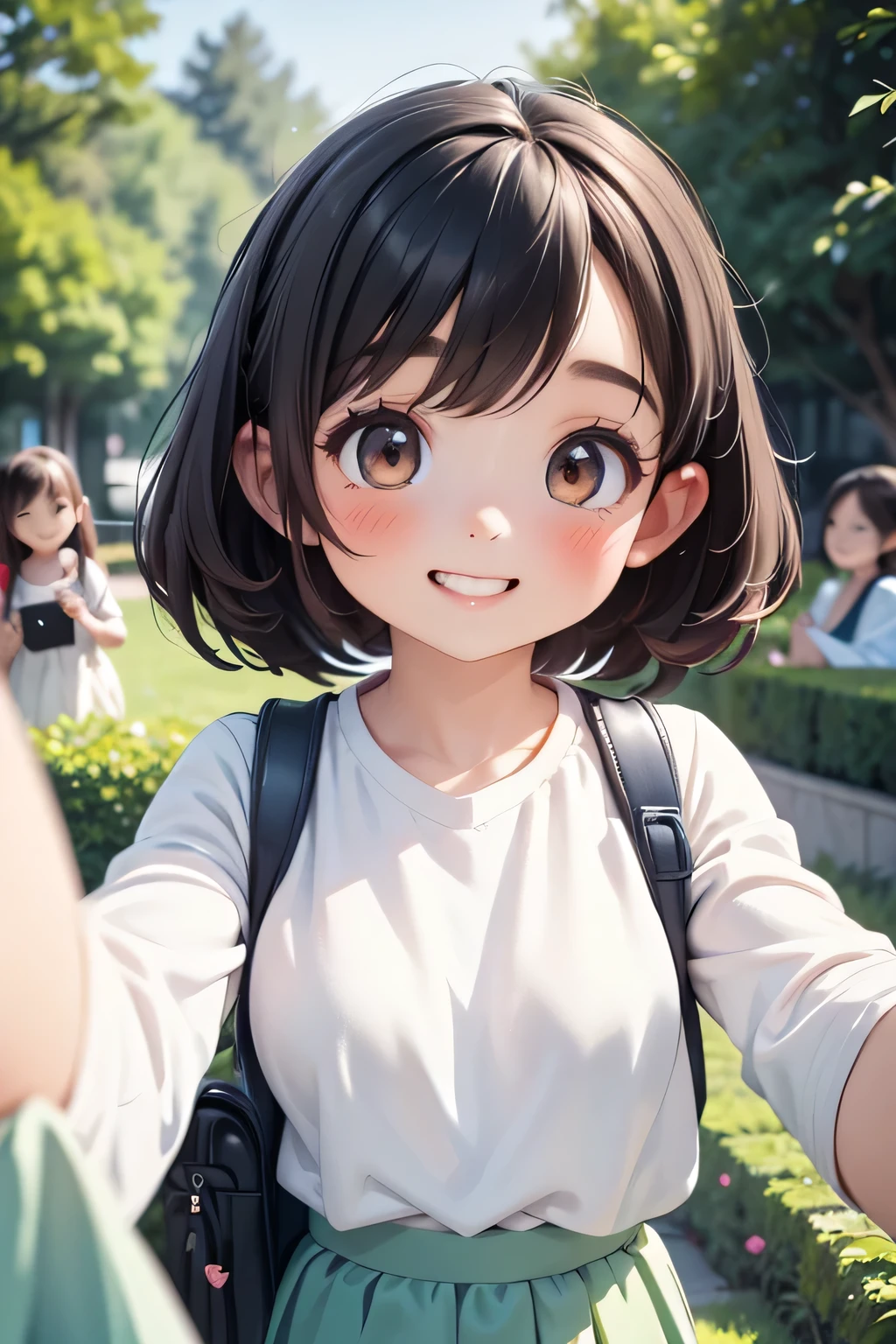highest quality、High resolution、Detailed Background、(Beautiful face in every detail:1.4)、Anatomically correct、(Detailed facial expressions)、(Detailed eyes:1.2)、Teenage beauty、(Highly detailed face:1.4)、(Detailed eyes:1.2)、(Huge breasts:1.2)、cute hair color、Braided bob cut、Braided Ponytail、cute hairstyle、well-groomed eyebrows、Smiling、A fun atmosphere、Cute gestures、Cowboy Shot、
(Three beautiful girls taking a selfie with big smiles:1.5)、

Beautiful natural scenery such as lush parks, blue skies and white clouds make a great background.、
The silhouettes of skyscrapers and modern architecture create a sophisticated atmosphere.、The illuminated buildings at dusk are particularly impressive.、Bright flowers々The lush greenery adds a touch of natural color.、Flowers in a vase, garden views, etc.、
Colorful graffiti and artwork on the walls create an artistic atmosphere.、

T-shirts and polo shirts、Long sleeve cut and sew、Shorts、Flared skirts and culottes are cute.、
sneakers、Sandals、Backpack、Sacoche、Caps and bucket hats are cute、cute