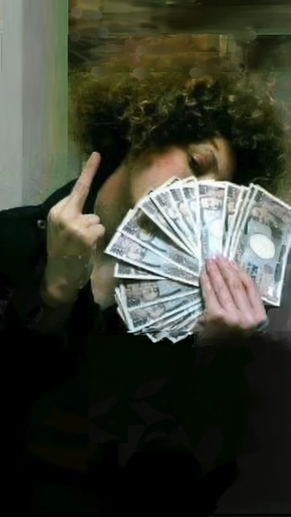 (best quality,4k,8k,highres,masterpiece:1.2),ultra-detailed,realistic,photorealistic:1.37, portrait, money fan covering her face, middle finger, curly afro
