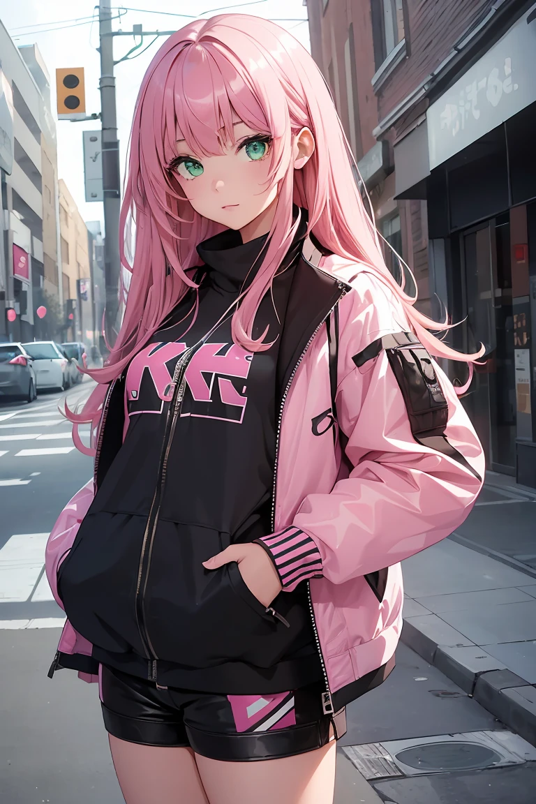 ((1 girl)), Latest Fashion Trends ,Jacket , Shorts,((Very detailed,highest quality, High resolution, 8k wallpaper, Beautiful clothes,)),((Pink Hair, Long Hair,Straight hair,Both sides up)) ,(Green Eyes),eye shadow, eyeliner,Glow Eye, Very detailedな目, Complex eyes, Beautiful Eyes, 輝くGreen Eyes,18-year-old girl, peek