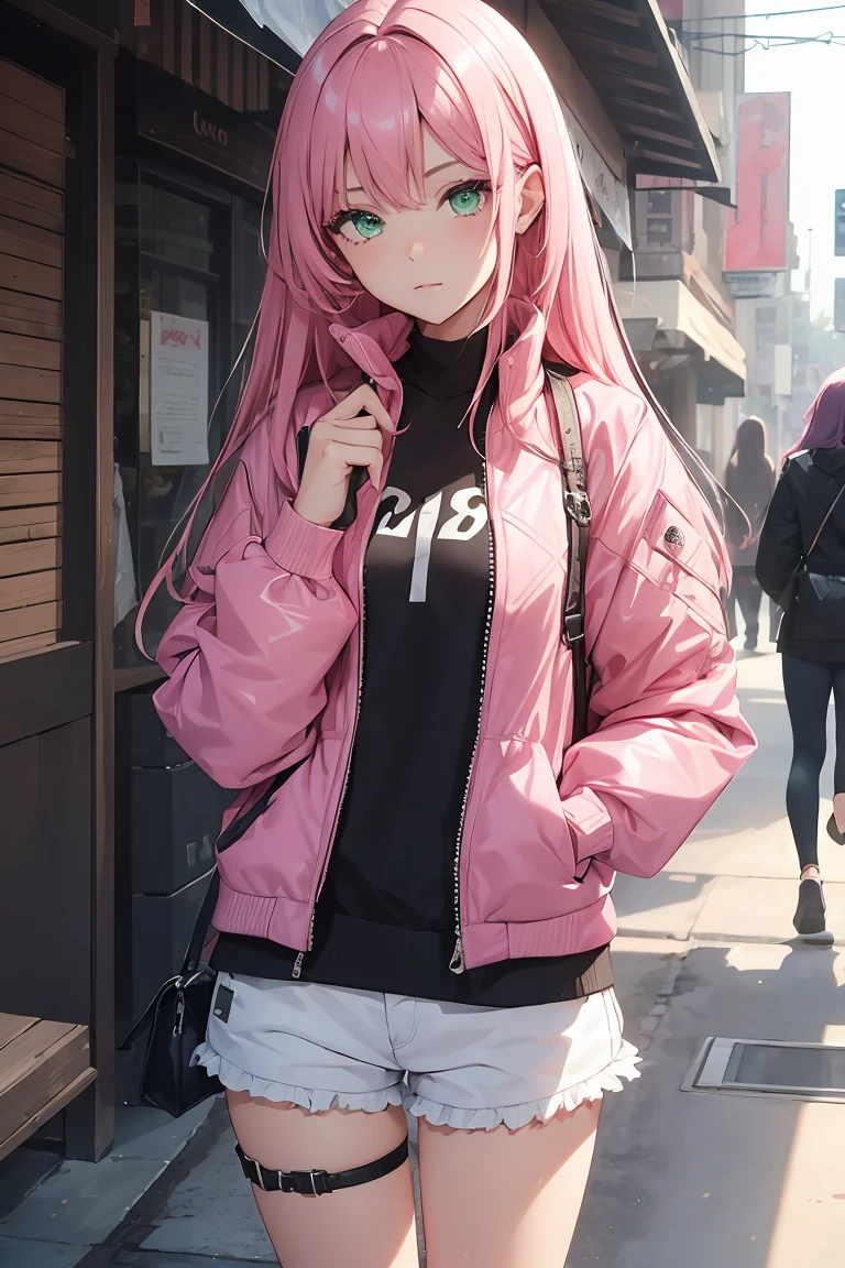 ((1 girl)), Latest Fashion Trends ,Jacket , Shorts,((Very detailed,highest quality, High resolution, 8k wallpaper, Beautiful clothes,)),((Pink Hair, Long Hair,Straight hair,Both sides up)) ,(Green Eyes),eye shadow, eyeliner,Glow Eye, Very detailedな目, Complex eyes, Beautiful Eyes, 輝くGreen Eyes,18-year-old girl, peek
