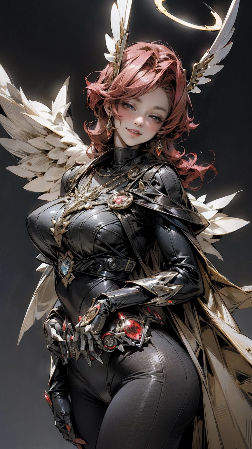 (Kamen rider lady),(angel lady:1.2),huge feather,halo,light smile,huge huge chest middle age adult lady,red rouge parted lips,jewellery,mafia city background,secretary,beautiful Illustration,High resolution