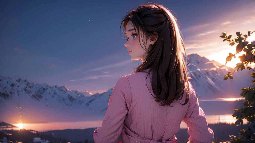 1 girl, medium light brown hair, light blue eyes, wearing pink suit, night city, absurdres, high res, ultrasharp, 8K, masterpiece, looking from behind