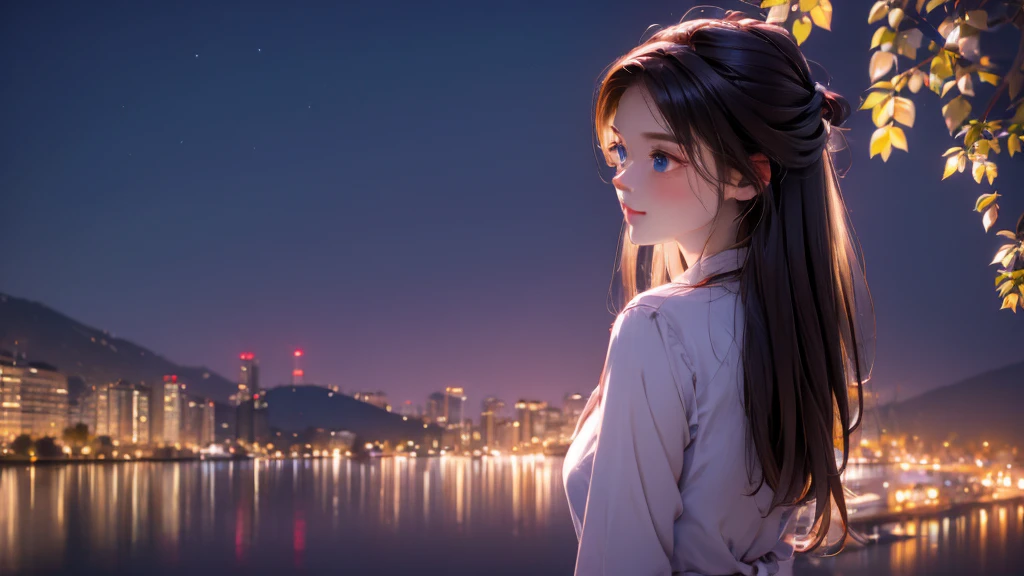 1 girl, medium light brown hair, light blue eyes, wearing pink suit, night city, absurdres, high res, ultrasharp, 8K, masterpiece, looking from behind