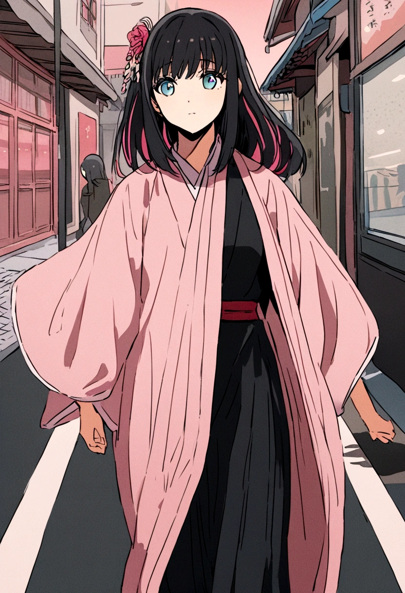 Anime girl with black hair with pink highlights, her eyes are red. She wears a Japanese , and walks down the street