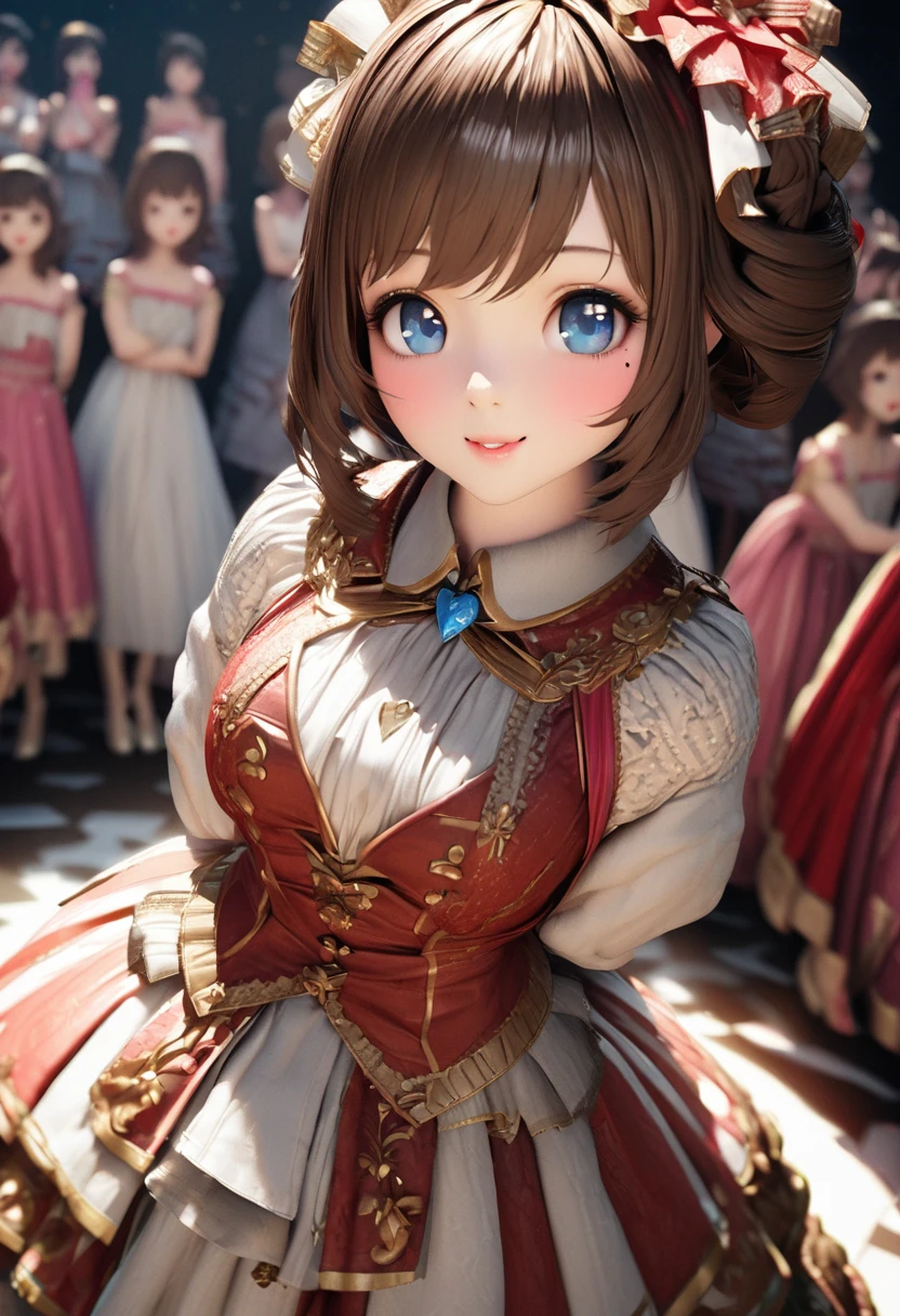 One Girl、Looking at the audience、
Beautiful Blue Eyes、Brown short hair、Mole under the eye、Plump and glossy lips、Heart-shaped choca、Idol、smile、ー、。.。.。.。.。.。.。.。.。.。.。.。.。.。.。.。.。.。.3D、Realistic、
Princess dress with too many frills、Drape clothes、gem、The decoration has been removed、Floral、Lace trim、bright stage、
masterpiece、highest quality、8k、Detailed skin texture、Detailed cloth texture、Beautifully detailed face、Intricate details、Very detailed、
超A high resolution、8K Ultra HD、Film Grain、Best Shadow、delicate、Staring at the audience、front