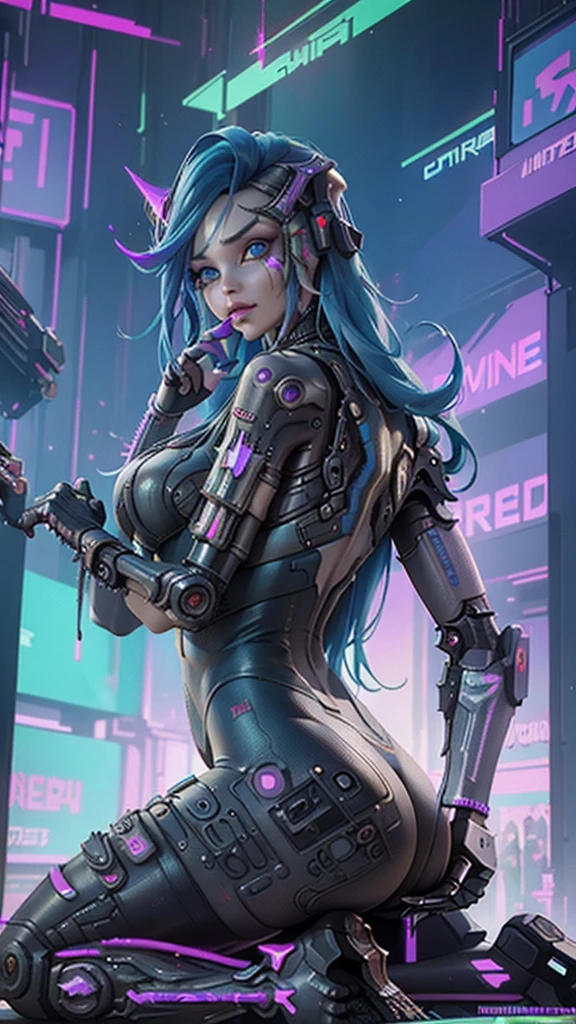 score_9, score_8_up, score_7_up, rating_explicit, (Best quality:1.4), (Masterpiece:1.4), (Unreal engine:1.4), (HD), (high resolution), (Ultra-detailed), (photorealistic:1.4), (Artwork master:1.8), cyberpunk, (cyberpunk:2.1), (1girl), Ariana Grande cyberpunk, 16-year-old, (Perfect anatomy), (perfect proportions), (skin texture:1.4), (cyborg limbs), (Beautiful blue eyes), (long blue hair:1.4), (convex detailed fingers), Breast enlargement, big glutes, (white cyborg latex bodysuit), (Electronic visor attached to the face), sexy pose, kneel, emphasis on the buttocks, Neon lights in the dark city at night