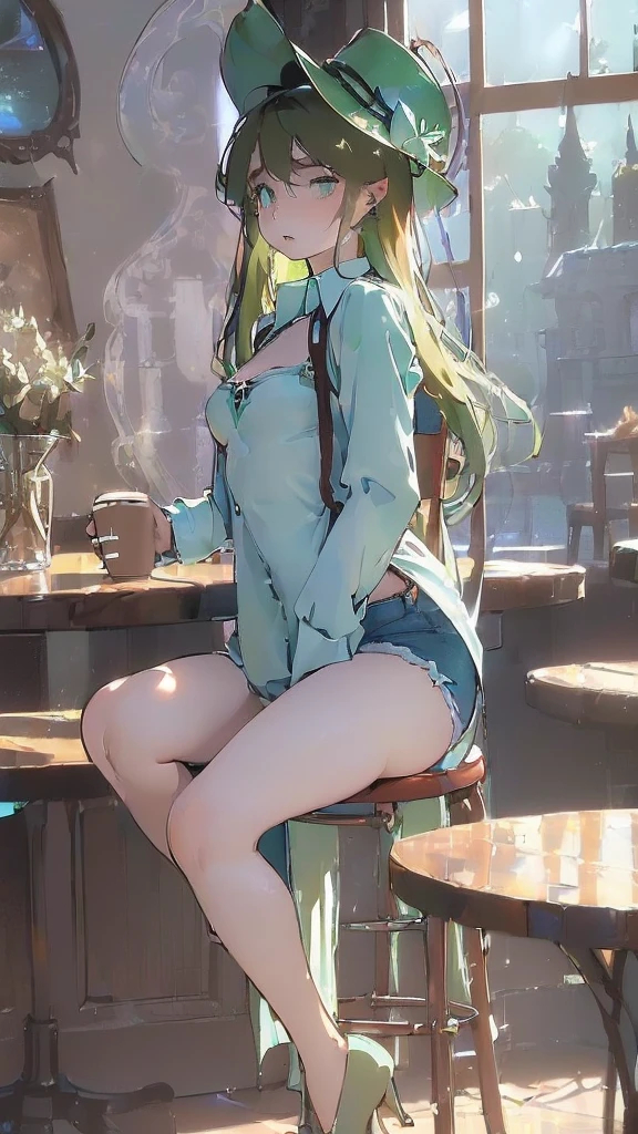 (flat:1.5),(cafe, window, sunlight, table, chair, sedentary:1.5) (big ass, thick thighs:0.7), (warm light source:1.2), intricate details, volumetric lighting, Realism BREAK(masterpiece:1.2), (top quality), 4K, ultra detail, (Dynamic configuration:1.4), Very detailed and colorful details,(rainbow colors:1.2), (shining lights, atmospheric lighting), dreamy, magical, (alone:1.2), intricate details, cheeky expression, (big breasts:1.5), (green eyes:1.5), (a devastated expression, dead eyes, dark atmosphere:1.5), (Green long hair:1.5), (shoes, buttoned dress shirt, Small hat,Small and tight denim shorts:1.5), (chubby, thick thighs,thick ass:1.5), (beautiful eyes, flushing:1.5),(human ear,thin legs:1.5),(chair에 sedentary, diagonal shot:1.5), (embarrassing:1.5),(diagonal shot:1.5)