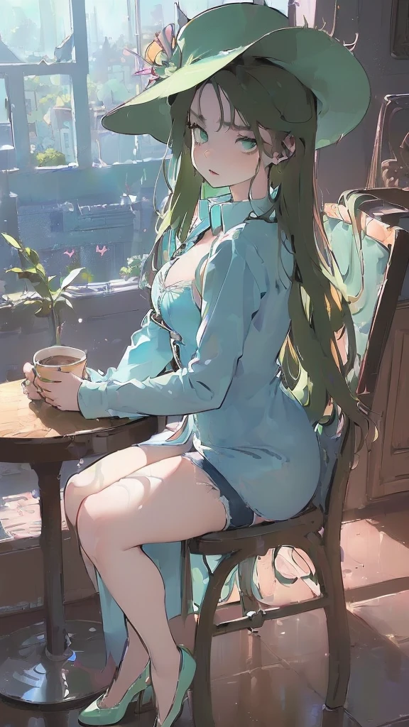 (flat:1.5),(cafe, window, sunlight, table, chair, sedentary:1.5) (big , thick thighs:0.7), (warm light source:1.2), intricate details, volumetric lighting, Realism BREAK(masterpiece:1.2), (top quality), 4K, ultra detail, (Dynamic configuration:1.4), Very detailed and colorful details,(rainbow colors:1.2), (shining lights, atmospheric lighting), dreamy, magical, (alone:1.2), intricate details, cheeky expression, (big5), (green eyes:1.5), (a devastated expression, dead eyes, dark atmosphere:1.5), (Green long hair:1.5), (shoes, buttoned dressrt, Small hat,Small and tight denim shorts:1.5), (chubby, thick thighs,thick ass:1.5), (beautifeyes, flushing:1.5),(human ear,thin legs:1.5),(chair에 sedentary, diagonal shot:1.5), (embarrassing:1.5),(diagonal shot:1.5)