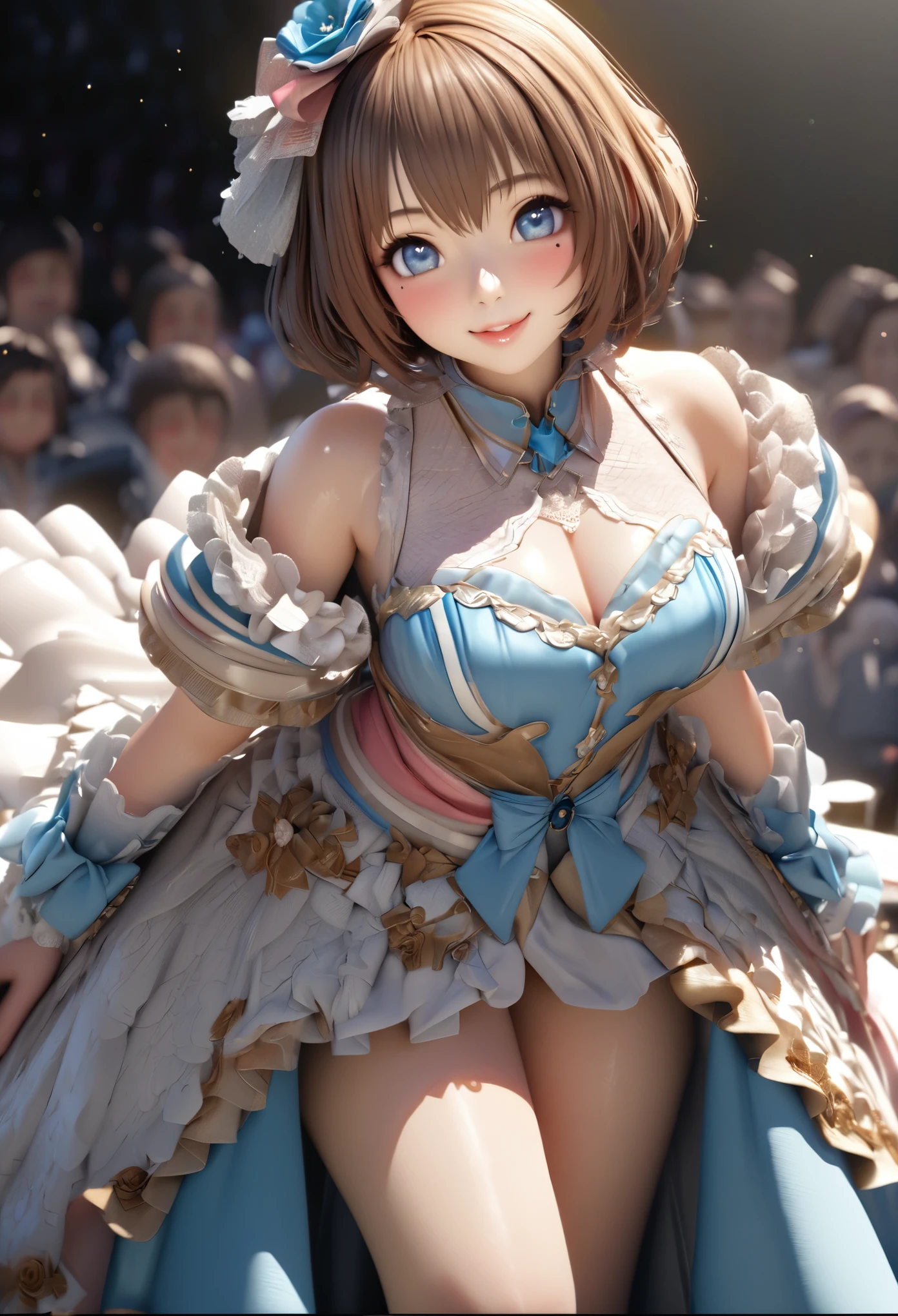 One Girl、Looking at the audience、
Beautiful Blue Eyes、Brown short hair、Mole under the eye、Plump and glossy lips、Heart-shaped choca、Idol、smile、ー、。.。.。.。.。.。.。.。.。.。.。.。.。.。.。.。.。.。.3D、Realistic、
Princess dress with too many frills、Drape clothes、gem、The decoration has been removed、Floral、Lace trim、bright stage、
masterpiece、highest quality、8k、Detailed skin texture、Detailed cloth texture、Beautifully detailed face、Intricate details、Very detailed、
超A high resolution、8K Ultra HD、Film Grain、Best Shadow、delicate、Staring at the audience、front