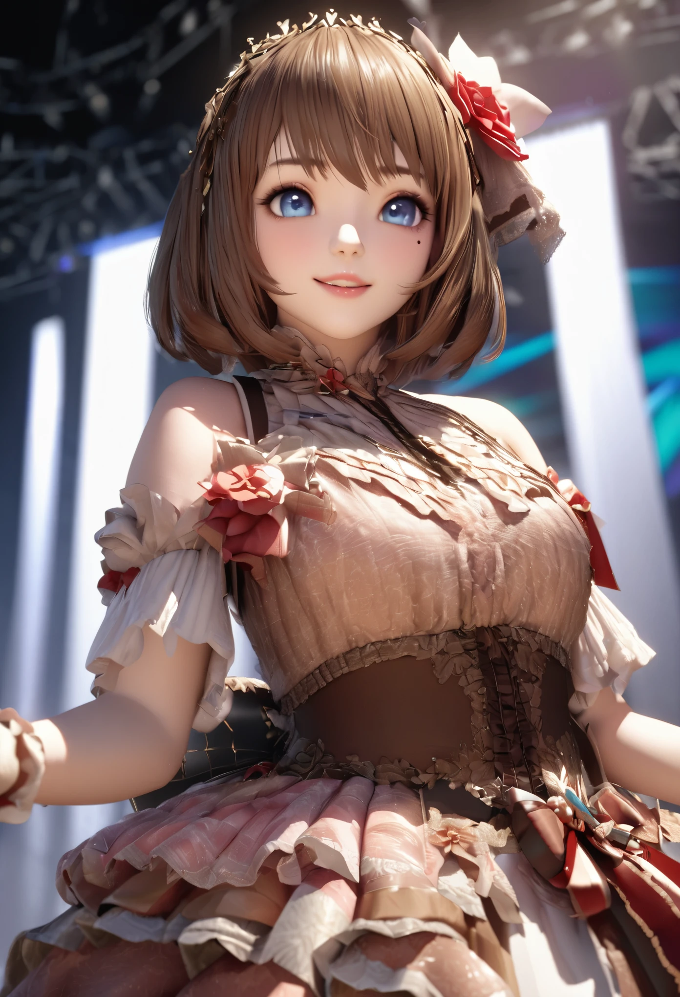 One Girl、Looking at the audience、
Beautiful Blue Eyes、Brown short hair、Mole under the eye、Plump and glossy lips、Heart-shaped choca、Idol、smile、ー、。.。.。.。.。.。.。.。.。.。.。.。.。.。.。.。.。.。.3D、Realistic、
Princess dress with too many frills、Drape clothes、gem、The decoration has been removed、Floral、Lace trim、bright stage、
masterpiece、highest quality、8k、Detailed skin texture、Detailed cloth texture、Beautifully detailed face、Intricate details、Very detailed、
超A high resolution、8K Ultra HD、Film Grain、Best Shadow、delicate、Staring at the audience、front