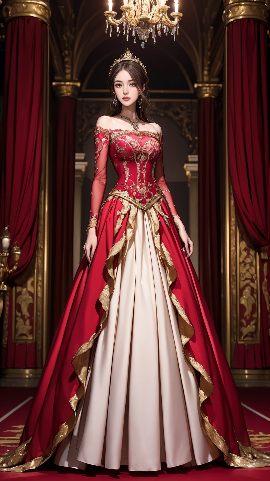 ((Masterpiece, Best quality,Edge quality)),face expressionless,Slim body,High percentage,(Baroque style,red colour,Court dress dress,Dignified and noble,Full body photo of leaky girl standing,Photos of the catwalk from head to toe,High heels,CLASSICSTYLE,edgTM, a woman on the ((Court evening dress)) Stand on the catwalk ,Wearing edgTM_In fashion style, Baroque style,Rococo dress