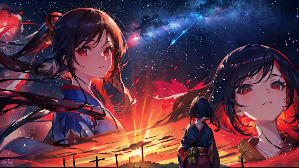 a beautiful girl in a red kimono standing in a field, staring at the viewer with a distant gaze, (zoom out:1.3), (meteor shower:1.2), (comet:1.1), your name, low angle, from behind, Alola, shooting stars, yukata, red kimono, cherry blossoms, standing in a meadow, best quality, masterpiece, clouds, colorful, starry sky, viewer