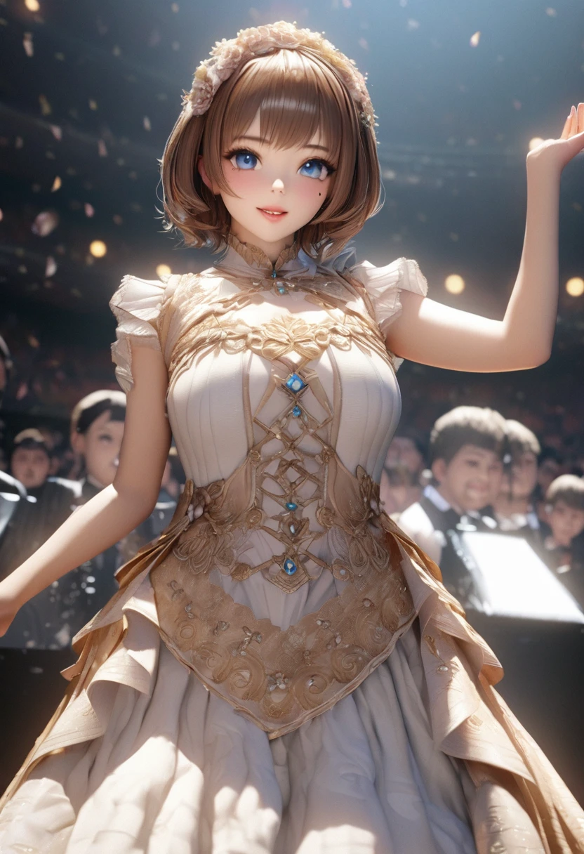 One Girl、Looking at the audience、
Beautiful Blue Eyes、Brown short hair、Mole under the eye、Plump and glossy lips、Heart-shaped choca、Idol、smile、ー、。.。.。.。.。.。.。.。.。.。.。.。.。.。.。.。.。.。.3D、Realistic、
Princess dress with too many frills、Drape clothes、gem、The decoration has been removed、Floral、Lace trim、bright stage、
masterpiece、highest quality、8k、Detailed skin texture、Detailed cloth texture、Beautifully detailed face、Intricate details、Very detailed、
超A high resolution、8K Ultra HD、Film Grain、Best Shadow、delicate、Staring at the audience、front