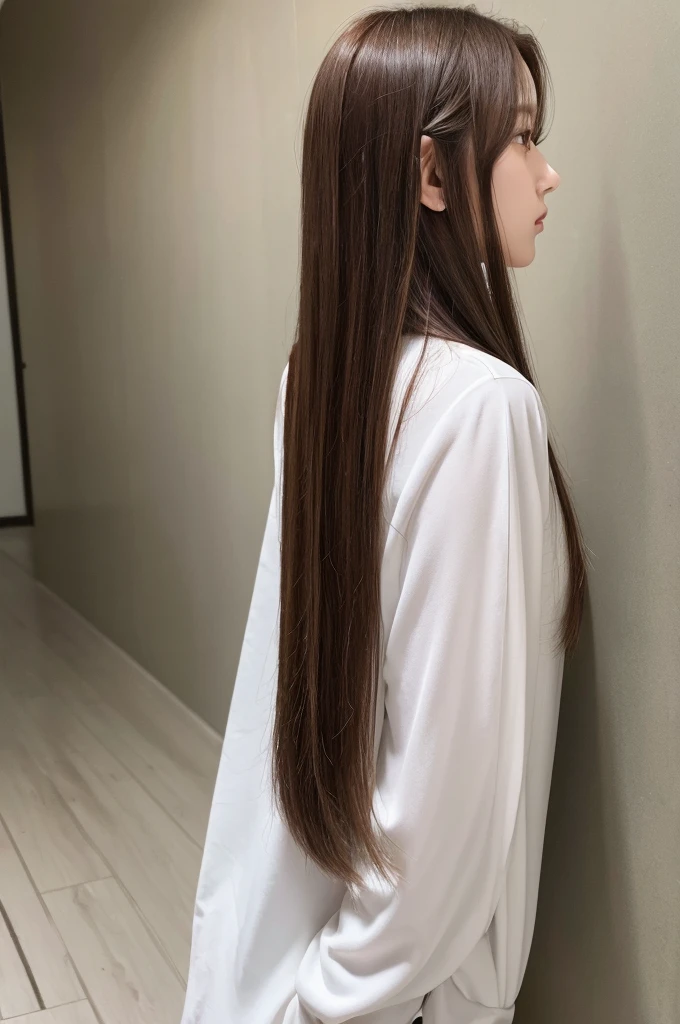 highest quality、High resolution、quiet、Silence、woman、one person、long hair、Straight Hair、Brown Hair、Shiny hair、Long sleeve、White wall、Backwards、Back view、No camera look、₍ Buckshot 1.5₎