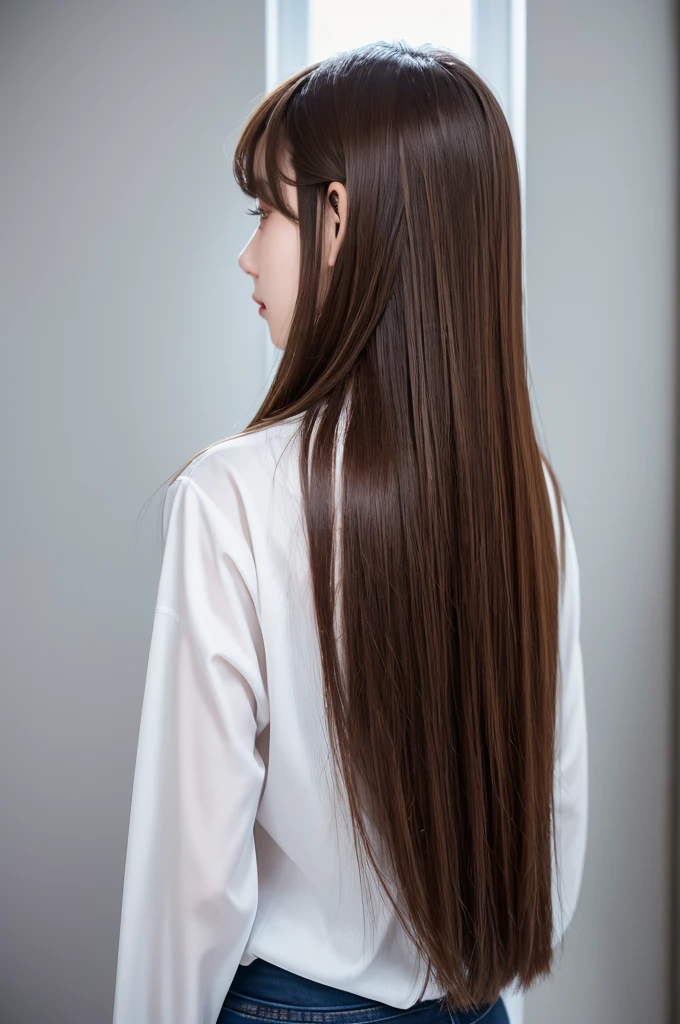 highest quality、High resolution、quiet、Silence、woman、one person、long hair、Straight Hair、Brown Hair、Shiny hair、Long sleeve、White wall、Backwards、Back view、No camera look、₍ Buckshot 1.5₎