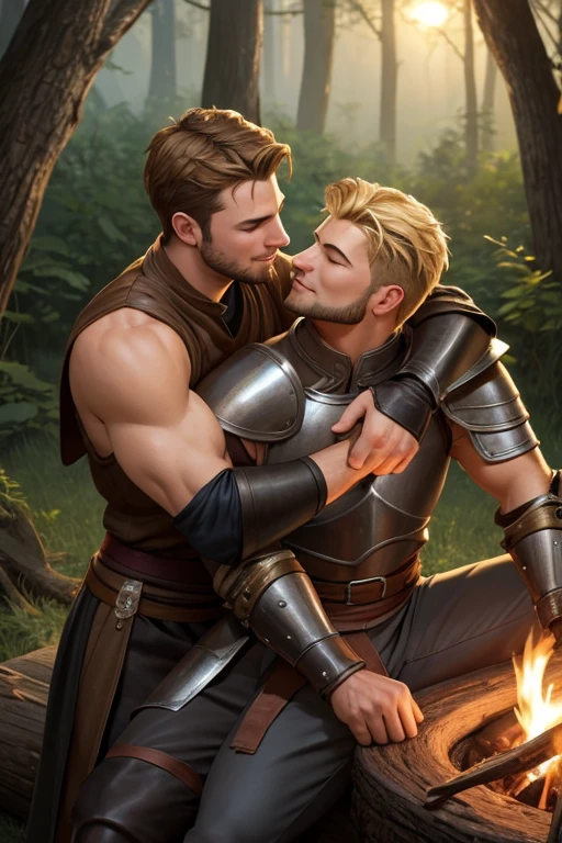 2 men, Photo-realistic. A pleased 24-year-old male, medieval warrior, with shaved blonde hair, stubble, and closed eyes, wearing sleeveless, metal armor, arm around, cuddling, kissing a smiling lovingly, 19-year-old, fit, handsome, medieval man with shaved, brown hair, slight stubble, and closed eyes, wearing sleeveless gray and gold tunic, and tan leather pants. They sit close together on a log, in a wooded field, in front of a campfire, at night. Masculine, sexy, men in love, with big bulging pants.