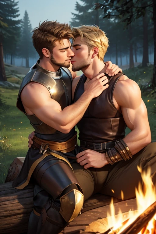 2 men, Photo-realistic. A pleased 24-year-old male, medieval warrior, with shaved blonde hair, stubble, and closed eyes, wearing sleeveless, metal armor, arm around, cuddling, kissing a smiling lovingly, 19-year-old, fit, handsome, medieval man with shaved, brown hair, slight stubble, and closed eyes, wearing sleeveless gray and gold tunic, and tan leather pants. They sit close together on a log, in a wooded field, in front of a campfire, at night. Masculine, sexy, men in love, with big bulging pants.