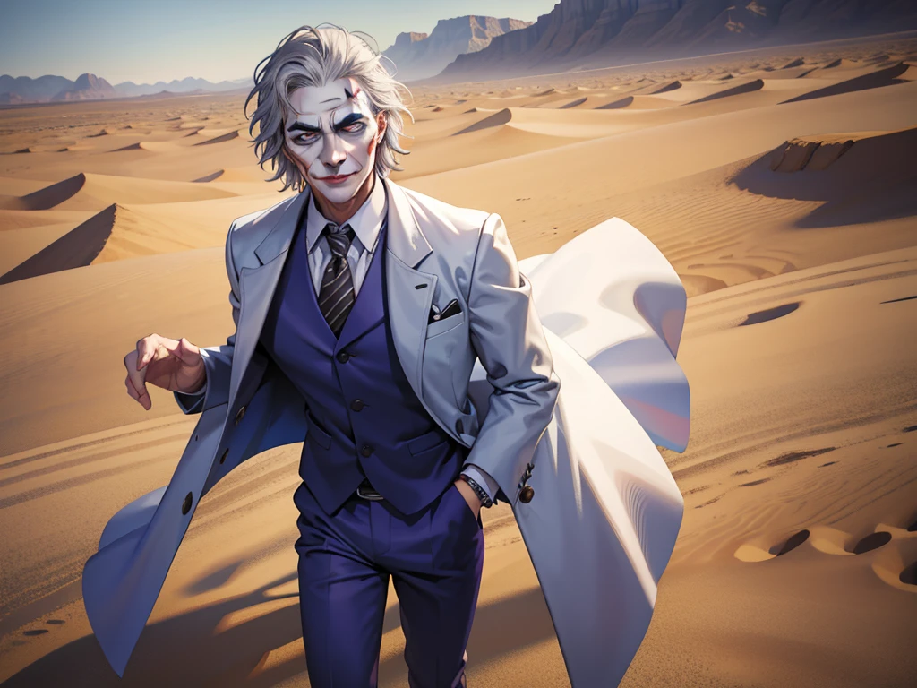 Portrait of a man in his 40s、standing、silver hair、the joker、Long body、 、desert background、