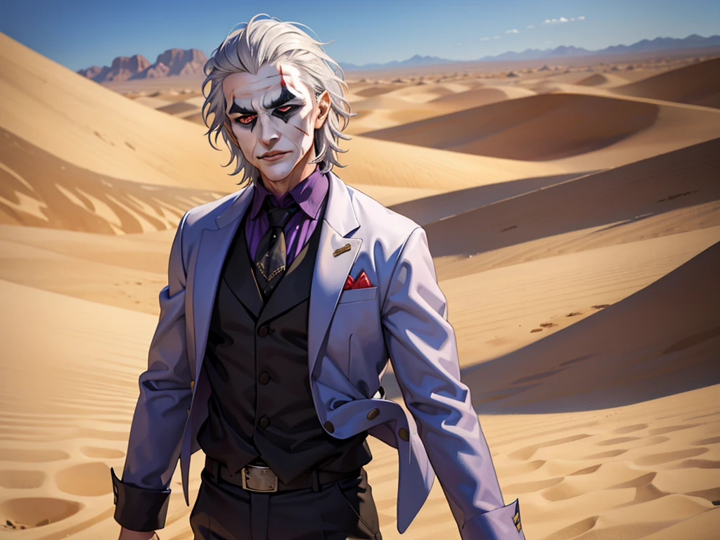 Portrait of a man in his 40s、standing、silver hair、the joker、Long body、 、desert background、