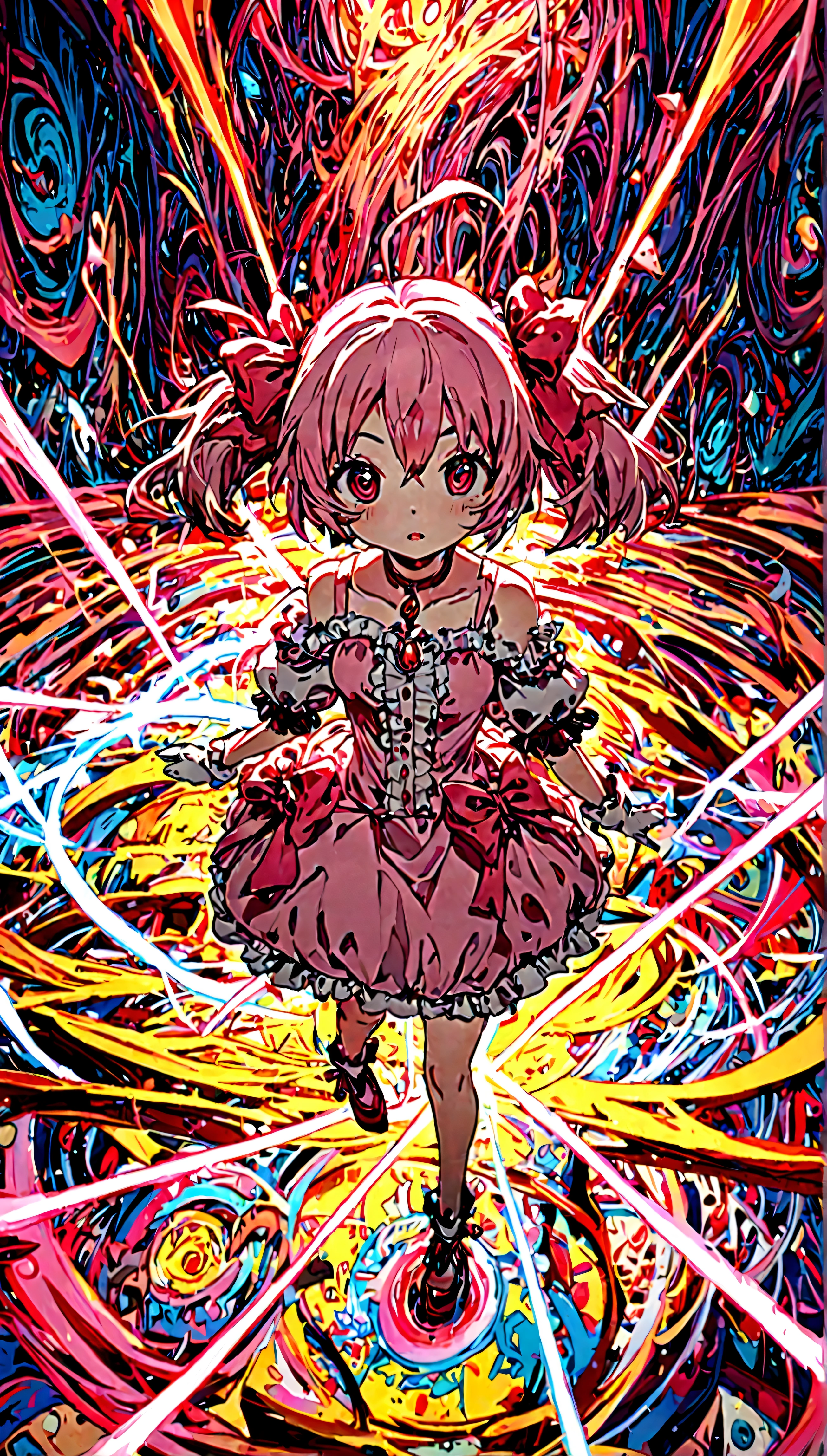 kaname_madoka\(Puella Magi Madoka Magica,magical girl style,pink twin tails hair,pink bows,open shoulder dress with frill,backward ribbon at neck,white grove,red juwel at middle of clavicle\) is standing with confused face in the center lost her way, showing full body to viewer, BREAK ,geometric and chaotic background with messy chaotic gothic shadow puppet castles,(in a very psychedelic nightmare), BREAK ,quality\(8k,wallpaper of extremely detailed CG unit, ​masterpiece,hight resolution,top-quality,top-quality real texture skin,hyper realisitic,increase the resolution,RAW photos,best qualtiy,highly detailed,the wallpaper,cinematic lighting,ray trace,golden ratio\),(long shot),wide shot,landscape,blured background,(art by Maurits Escher:1.3)