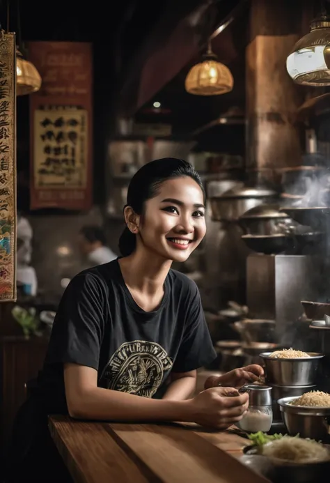 figure and neatly trimmed short hair sits confidently at the cashier's desk of a bustling bakso shop. he wears a black t-shirt e...