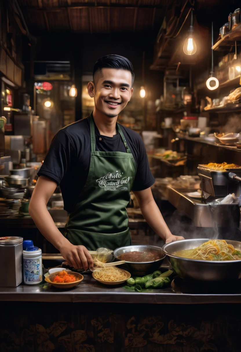 figure and neatly trimmed short hair sits confidently at the cashier's desk of a bustling bakso shop. He wears a black t-shirt emblazoned with the words "MIE KOCOK TEH PIPIT" in bold, white letters. The setting is the warm, inviting interior of the warung, with the rich aroma of authentic Indonesian cuisine filling the air. The background features the lively activity of the kitchen and patrons enjoying their meals, adding to the cinematic and dramatic ambiance. The image captures the essence of a beloved local establishment and its dedicated guardian, ready to welcome every customer with a smile.
Visual Style: Cinematic, 8K resolution, hyper-realistic, dramatic lighting, film cover aesthetic.