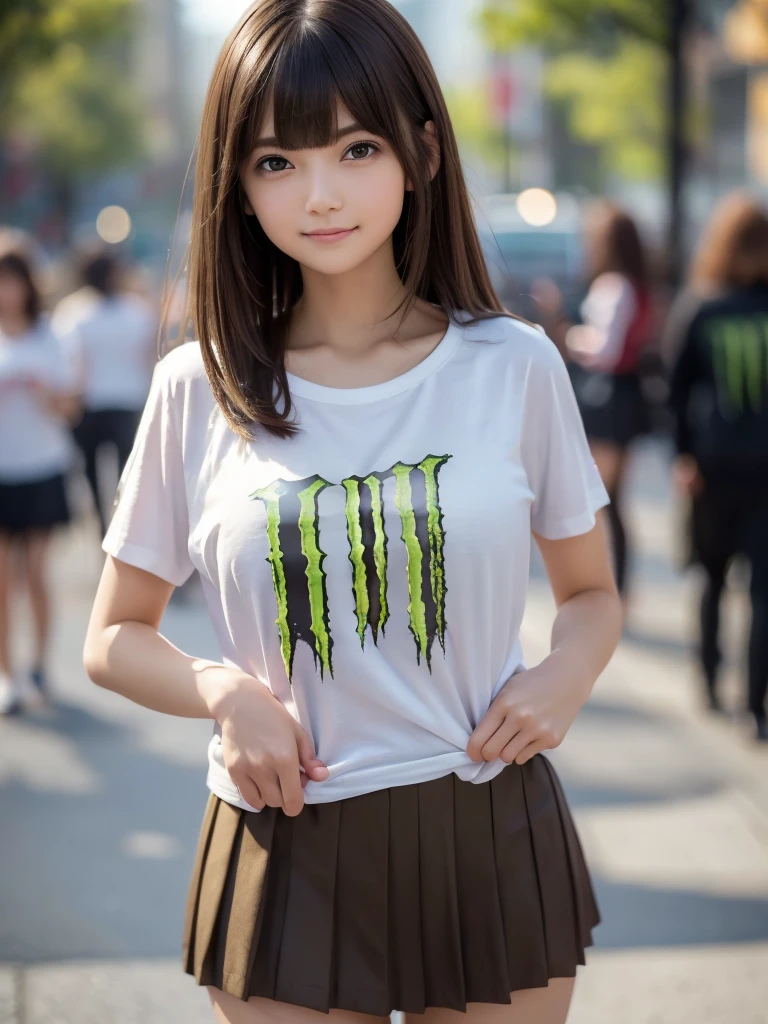 (8k, RAW Photos, highest quality, masterpiece:1.2), (Realistic, photo-Realistic:1.4), (Highly detailed 8k wallpaper), ((Full Body Shot)), (1 girl), Sharp focus, Depth of written boundary, Cinematic lighting, Soft Light, 緻密な美しさのeye, eye_Chan, Very beautiful 17 year old girl, innocent big eyes, Realistic, photo Realistic, Highly detailed cute girl, (Thin thighs), (Model Body Type), 18-year-old, (((Monster Energy T-shirt))), ((Micro Mini Pleated Skirt)), (((Fold your arms in front of your chest and act arrogantly))), ((A happy smile)), Parted lips, Watching the audience, (On the streets of New York) , (Brown Hair),(Long Bob Hair), (Asymmetrical bangs)