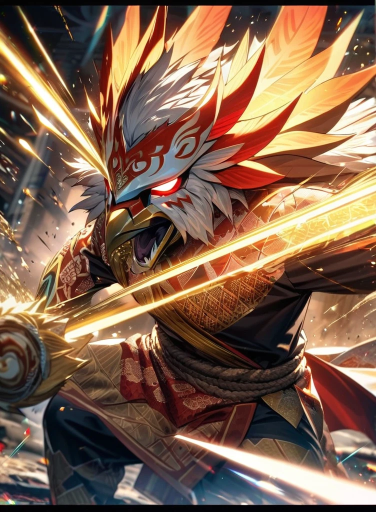 ,absurdres, highres, ultra detailed, HDR, masterpiece, extremely detailed face and eyes,Indonesian Super Hero costume,,red and white Garuda costume, Garuda eagle mask, , Indonesia batik pattern , solo, man, handsome, ,, , Epic fight scene, golden splashing effect, golden effect,glowing glitters